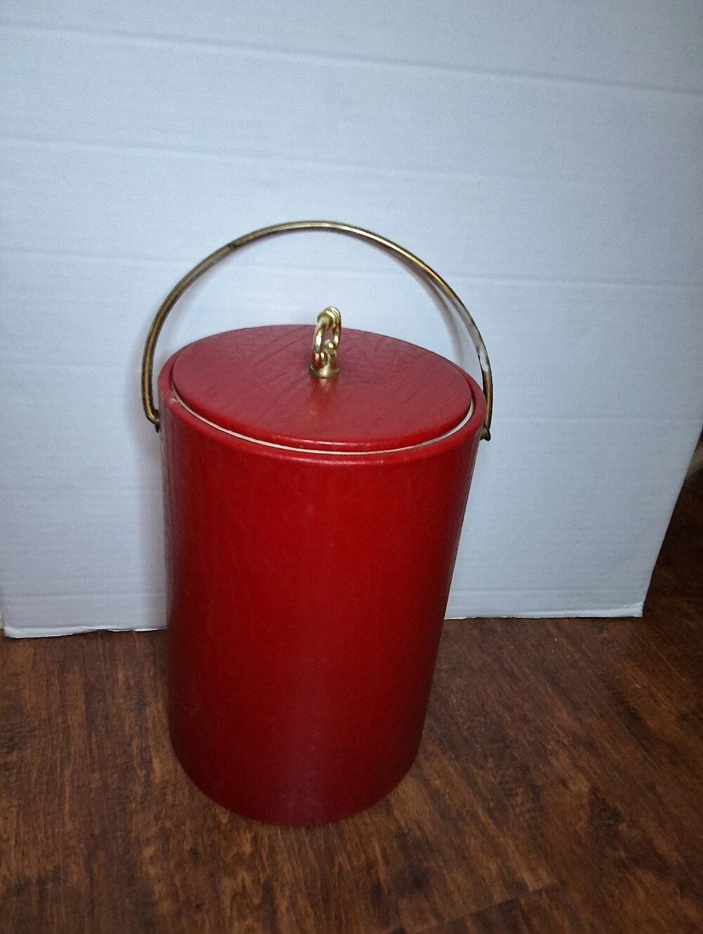 Vintage Georges Briard Red Vinyl Ice Bucket Gold Tone Handle Mid Century Barware